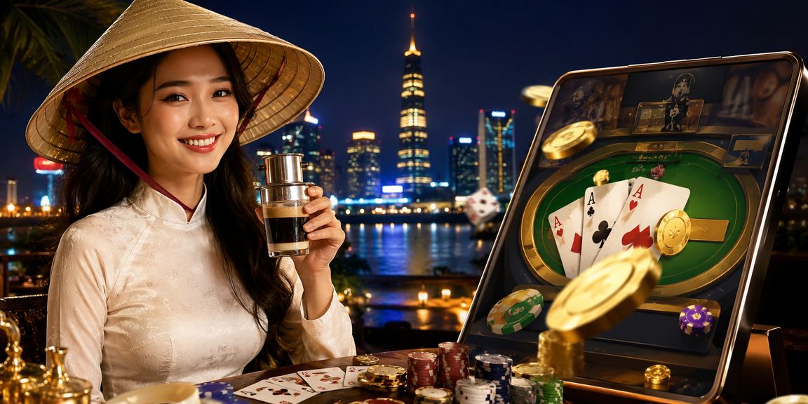 Người chơi game bài tại Sài Gòn với nón lá truyền thống trong không gian hiện đại